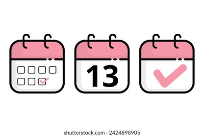 Iconos de calendario de diferentes modelos en color rosa, ilustración vectorial de icono de calendario plano con día específico marcado, día 13.