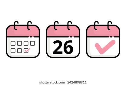 Iconos de calendario de diferentes modelos en color rosa, ilustración vectorial de icono de calendario plano con día específico marcado, día 26.