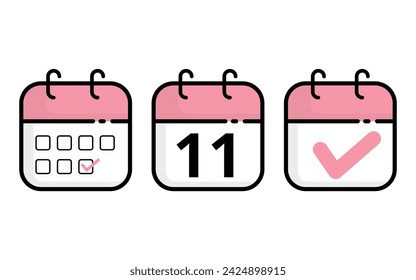 Calendar icons of different models in pink color, Vector illustration of flat calendar icon with specific day marked, day 11.