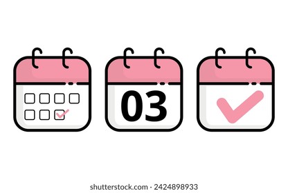 Iconos de calendario de diferentes modelos en color rosa, ilustración vectorial de icono de calendario plano con día específico marcado, día 03.