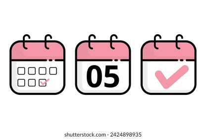 Iconos de calendario de diferentes modelos en color rosa, ilustración vectorial de icono de calendario plano con día específico marcado, día 05.