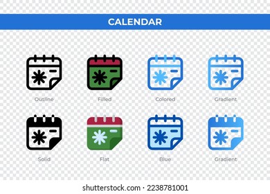 Calendar icons in different style. Calendar icons set. Holiday symbol. Different style icons set. Vector illustration