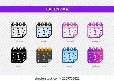 Calendar icons in different style. Calendar icons set. Holiday symbol. Different style icons set. Vector illustration