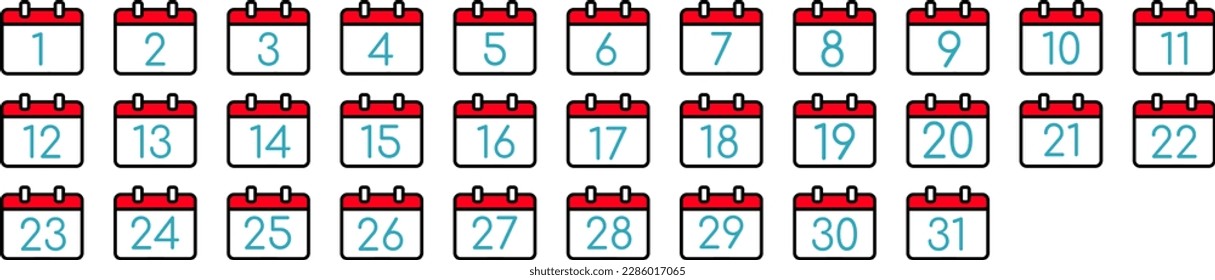 Calendar icons every day in modern style. Icon symbol.