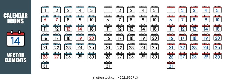 Calendar icons every day. Every day of a year calendar icons. Collection of calendar symbols. Vector icon