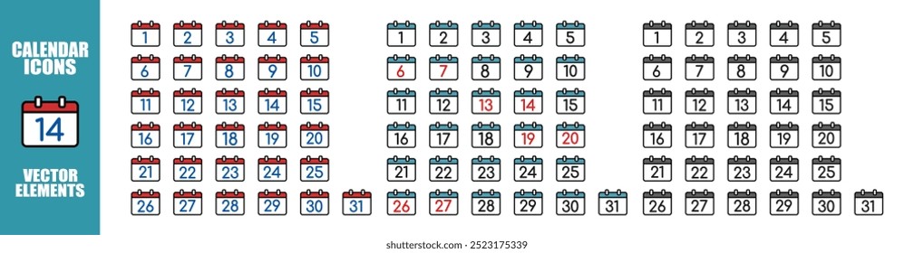 Calendar icons every day. Every day of a year calendar icons. Collection of calendar symbols. Vector icon