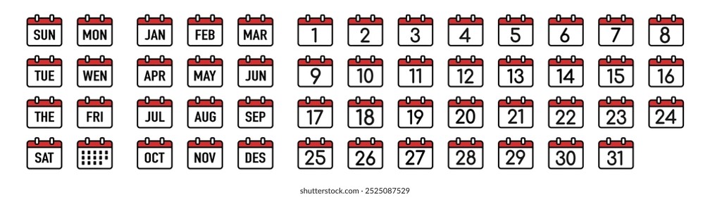 Calendar icons every day. Every day of a year calendar icons. Collection of calendar symbols. Vector icon