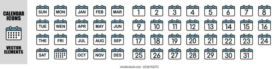 Calendar icons every day. Every day of a year calendar icons. Collection of calendar symbols. Vector icon