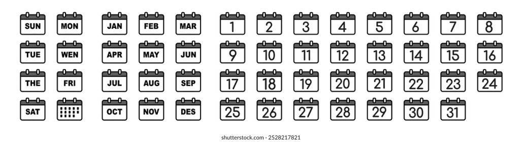 Calendar icons every day. Every day of a year calendar icons. Collection of calendar symbols. Vector icon