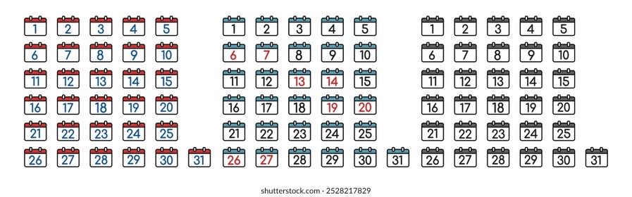 Calendar icons every day. Every day of a year calendar icons. Collection of calendar symbols. Vector icon