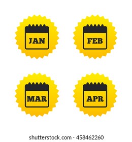Calendar icons. January, February, March and April month symbols. Date or event reminder sign. Yellow stars labels with flat icons. Vector