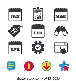 Calendar icons. January, February, March and April month symbols. Date or event reminder sign. Browser window, Report and Service signs. Binoculars, Information and Download icons. Stars and Chat