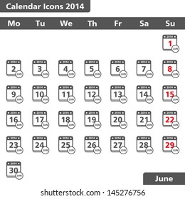 Calendar icons, June 2014, vector eps10 illustration