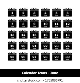 Calendar icons - June month. Black, bold, flat, glyph, modern, simple date silhouettes for summer web and print designs.