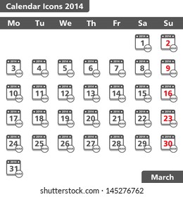 Calendar icons, March 2014, vector eps10 illustration