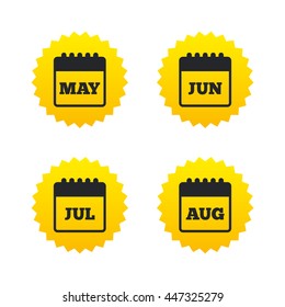 Calendar icons. May, June, July and August month symbols. Date or event reminder sign. Yellow stars labels with flat icons. Vector
