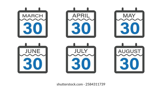 Calendar Icons for the Months of March, April, May, June, July, and August Showing the 30th Day.