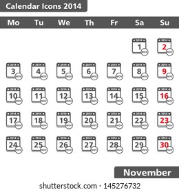 Calendar icons, November 2014, vector eps10 illustration