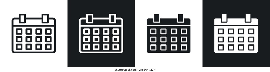 Calendar icons pack in black and white filled and outlined versions.