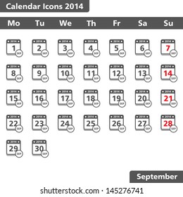 Calendar icons, September 2014, vector eps10 illustration