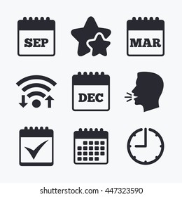 Calendar icons. September, March and December month symbols. Check or Tick sign. Date or event reminder. Wifi internet, favorite stars, calendar and clock. Talking head. Vector