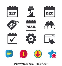 Calendar icons. September, March and December month symbols. Check or Tick sign. Date or event reminder. Browser window, Report and Service signs. Binoculars, Information and Download icons. Vector