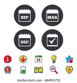 Calendar icons. September, March and December month symbols. Check or Tick sign. Date or event reminder. Calendar, Information and Download signs. Stars, Award and Book icons. Vector