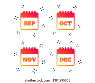 Calendar icons. September, November, October and December month symbols. Date or event reminder sign. Random dynamic shapes. Gradient calendar icon. Vector