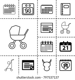 Calendar icons. set of 13 editable outline calendar icons such as plan, helmet, 14 date, notebook