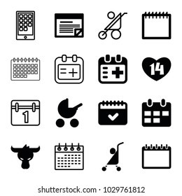 Calendar icons. set of 16 editable filled and outline calendar icons such as baby stroller, medical appointment, plan, helmet