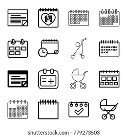 Calendar icons. set of 16 editable outline calendar icons such as plan, baby stroller, 14 date