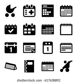 Calendar icons set. set of 16 calendar filled icons such as baby stroller, medical appointment, notebook