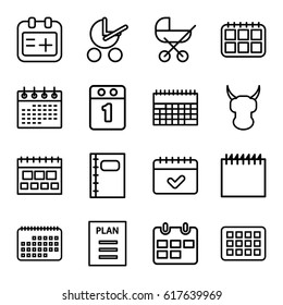 Calendar icons set. set of 16 calendar outline icons such as baby stroller, medical appointment, notebook, plan