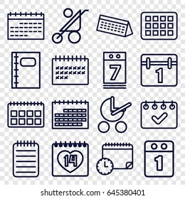 Calendar icons set. set of 16 calendar outline icons such as baby stroller, 14 date