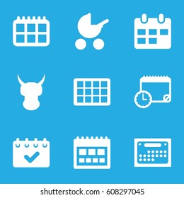 Calendar icons set. set of 9 calendar filled icons such as baby stroller