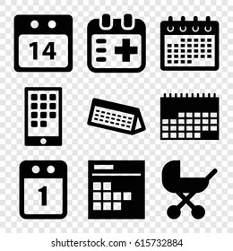 Calendar icons set. set of 9 calendar filled icons such as baby stroller