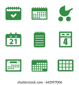 Calendar icons set. set of 9 calendar filled icons such as baby stroller