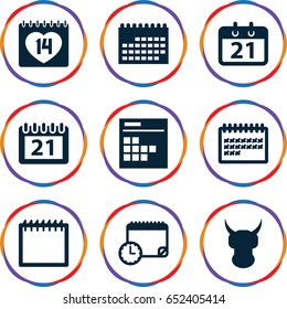 Calendar icons set. set of 9 calendar filled icons such as 14 date