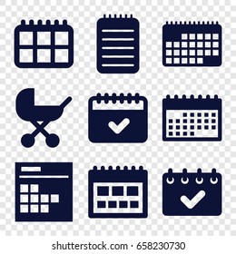 Calendar icons set. set of 9 calendar filled icons such as baby stroller, calendar