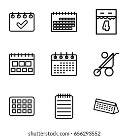 Calendar icons set. set of 9 calendar outline icons such as baby stroller