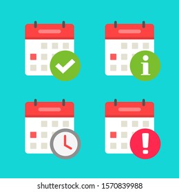 Calendar icons set with alert or info notifications vector, flat cartoon calendars deadline reminder, information note, time scheduled and checkmark pictograms isolated