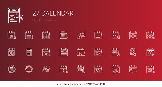 calendar icons set. Collection of calendar with exercise, moon phases, valentines day, agenda, user list, schedule, tax. Editable and scalable calendar icons.