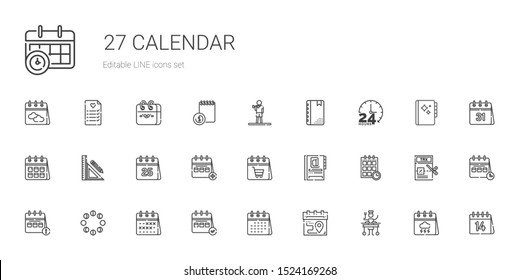 calendar icons set. Collection of calendar with large, moon phases, schedule, agenda, stationery, hours, exercise, valentines day, tax, wedding planning. Editable and scalable calendar icons.