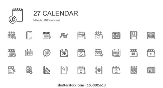 calendar icons set. Collection of calendar with valentines day, agenda, stationery, schedule, tax, exercise. Editable and scalable calendar icons.