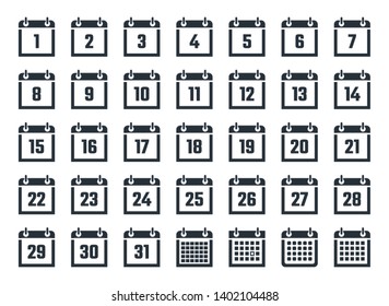 calendar icons set with dates from 1 to 31