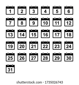 Calendar icons set. Days 1 to 31. Black glyph date shapes for web design, user interface, events, appointments, meetings.