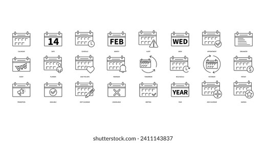 conjunto de iconos de calendario. Conjunto de iconos de trazo editables.Conjunto de vectores del calendario