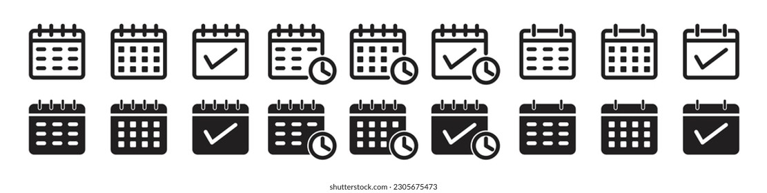 Kalender-Symbole gesetzt. Vektorsymbole des Ereignisplans. Schwarze Kalendertasten für Apps und Websites. Termine oder Termine für Piktogramme.