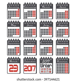 Calendar icons set with grid for 2017 year by months in flat style and black colors with marked in red weekdays. Calendar icons flat design. Vector illustration