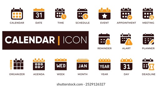 Calendar Icons Set. Includes icons for calendar symbols, date, time, schedule, event, appointment, meeting, etc. Perfect for time management, scheduling, and organization. 